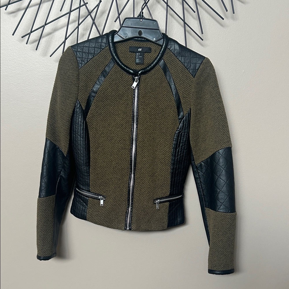 H&M Olive Green and Black Quilted Faux Leather Trim Moto Jacket